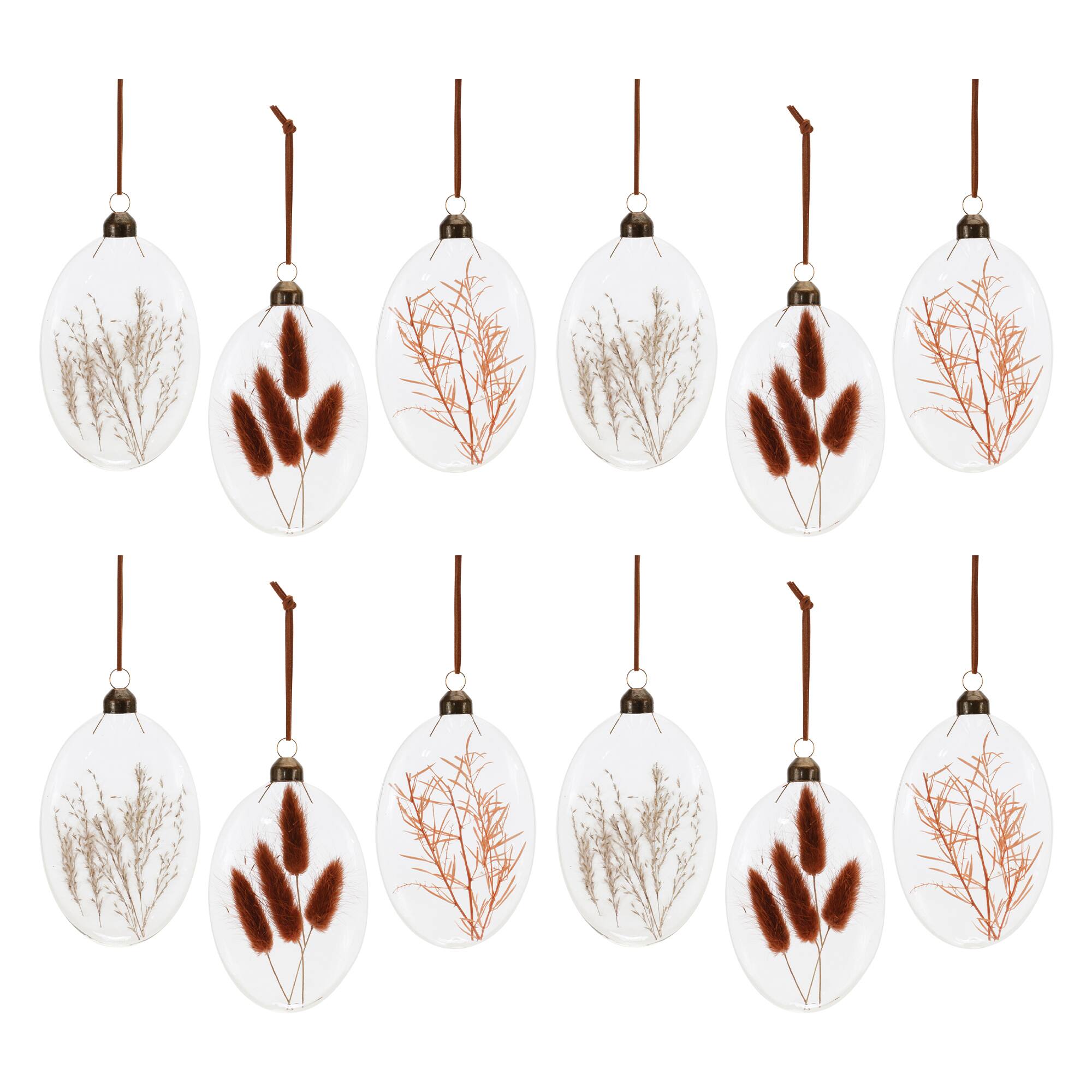 12 Pack 5.5" Warm Tone Dried Floral Glass Ornaments